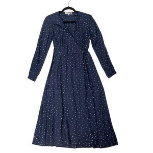 Ines De La Fressange Uniqlo Wrap Midi Dress Womens XS Navy Polka Dot Pleated